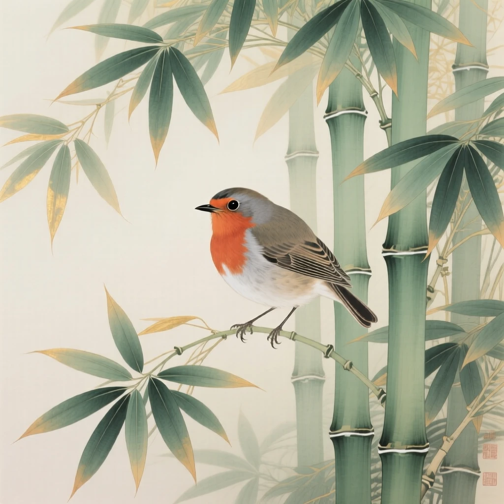 A robin calling out from a bamboo grove, soft morning light filtering through the branches