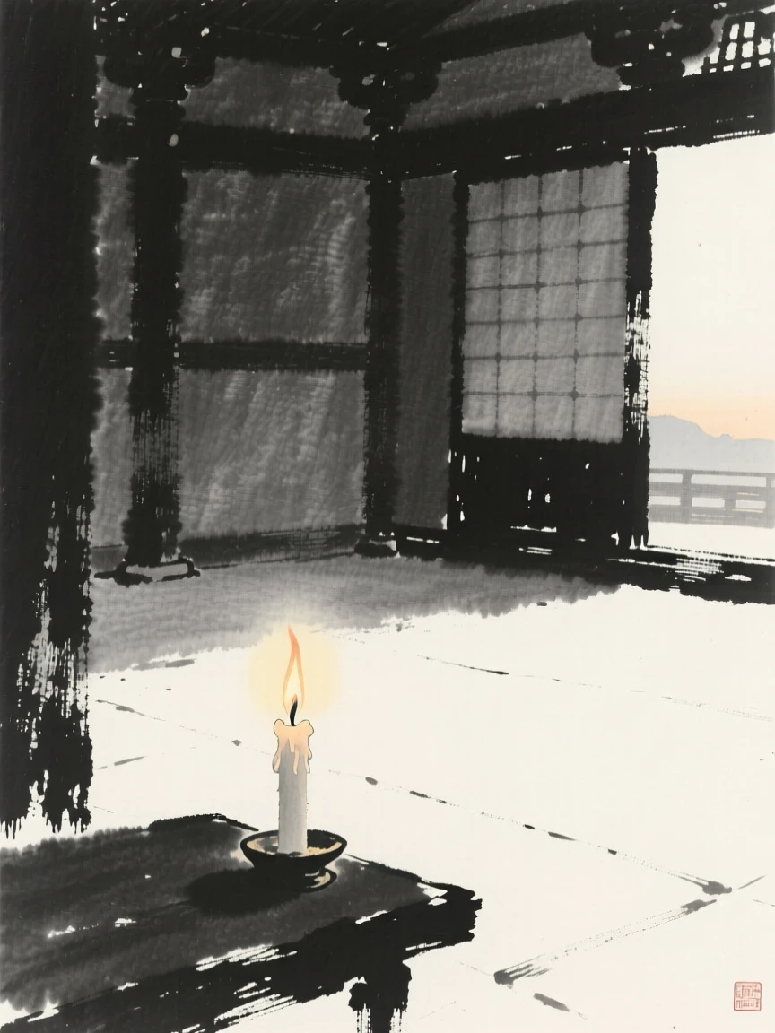 A solitary candle flickering in a dim temple hall in the hush of early dawn, framed minimally, letting emptiness carry the mood, suggesting quiet longing and gentle stillness.