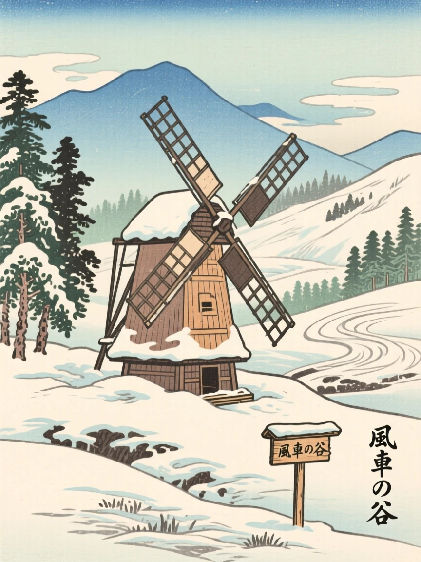 A lone countryside windmill nestled in a snowy mountain valley.