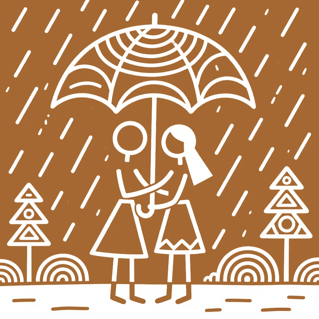 A shy pair of lovers sharing a single umbrella in the rain.