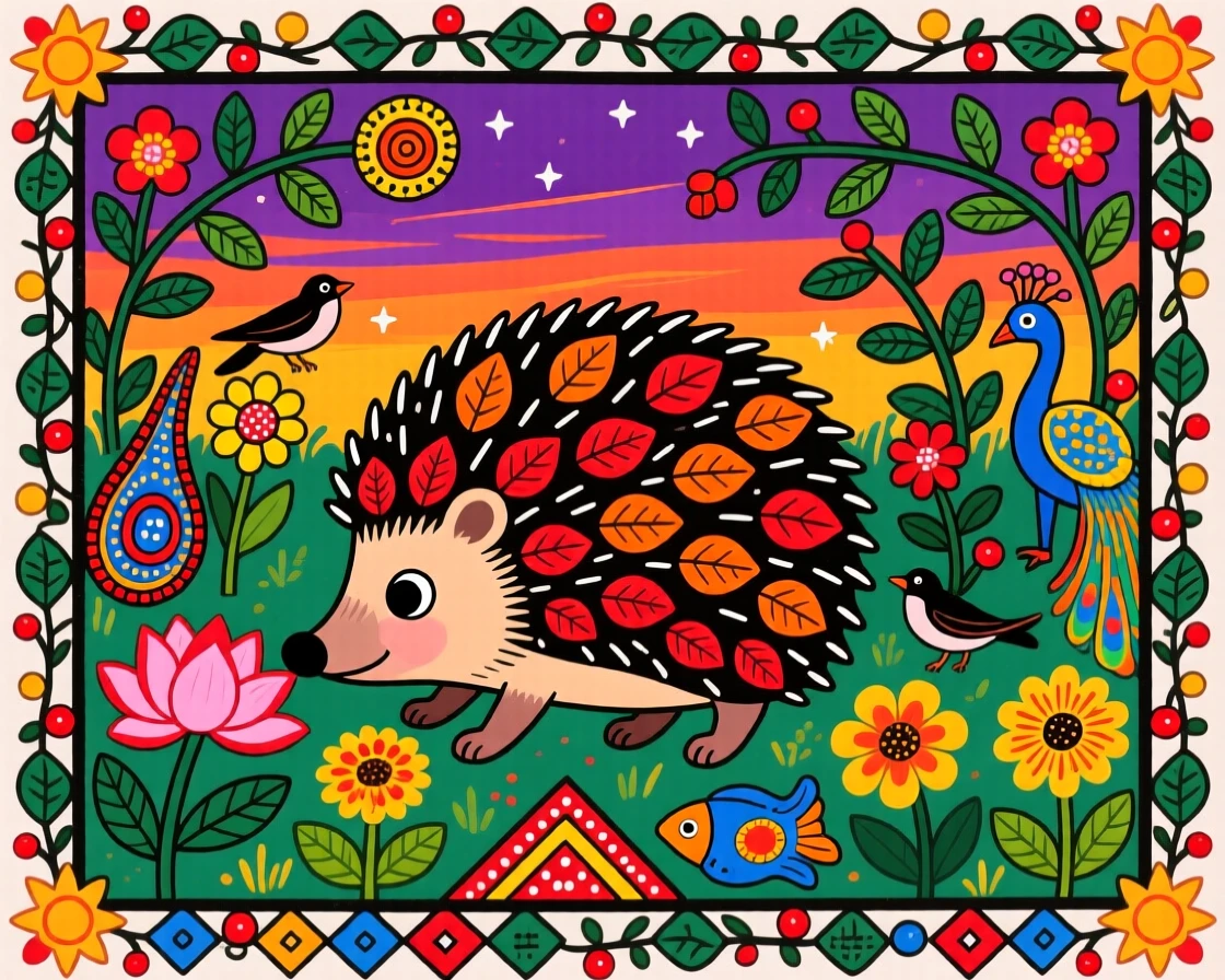 A hedgehog foraging quietly through a garden at dusk.