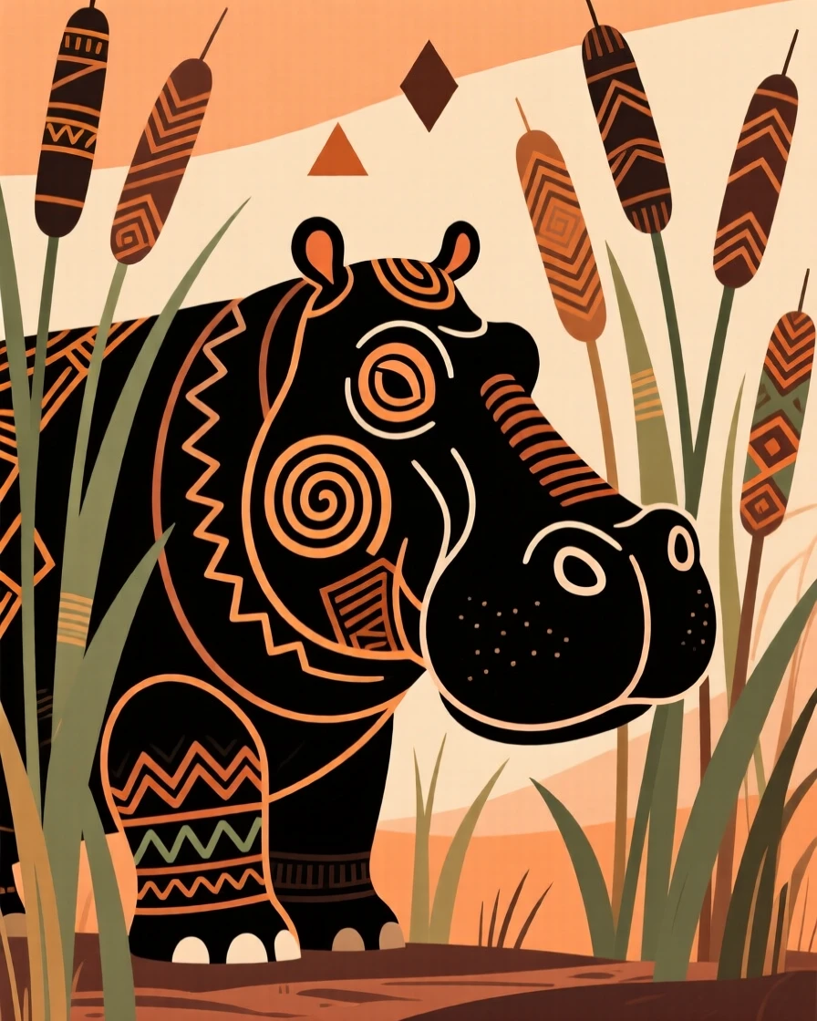 A hippopotamus hiding among the reeds.