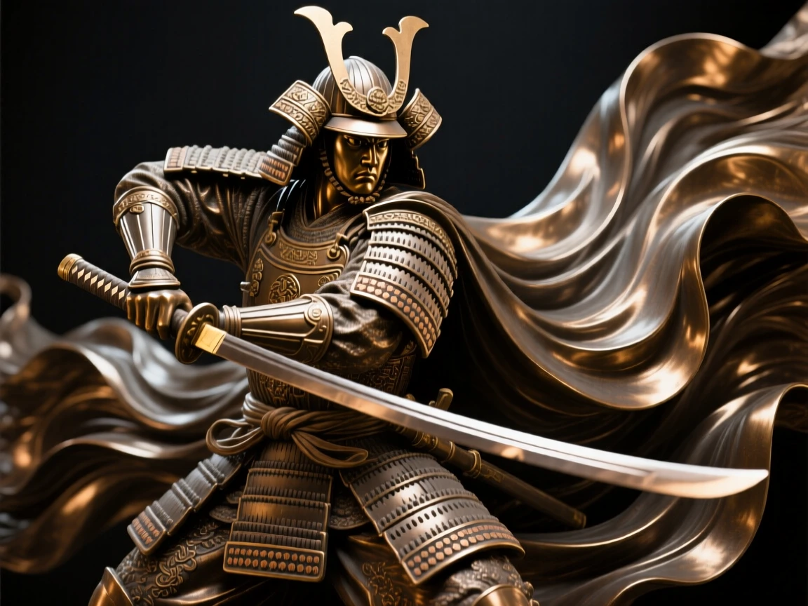 A samurai drawing his blade, with intricate, flowing drapery, forming a strong central focal point