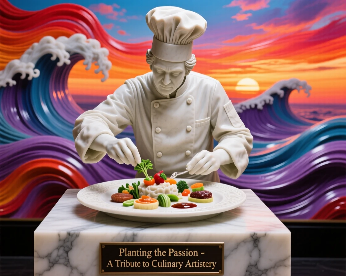 A vivid, emotionally rich scene of a chef plating a beautifully arranged dish, under a brilliant, colorful sky, designed to captivate and inspire