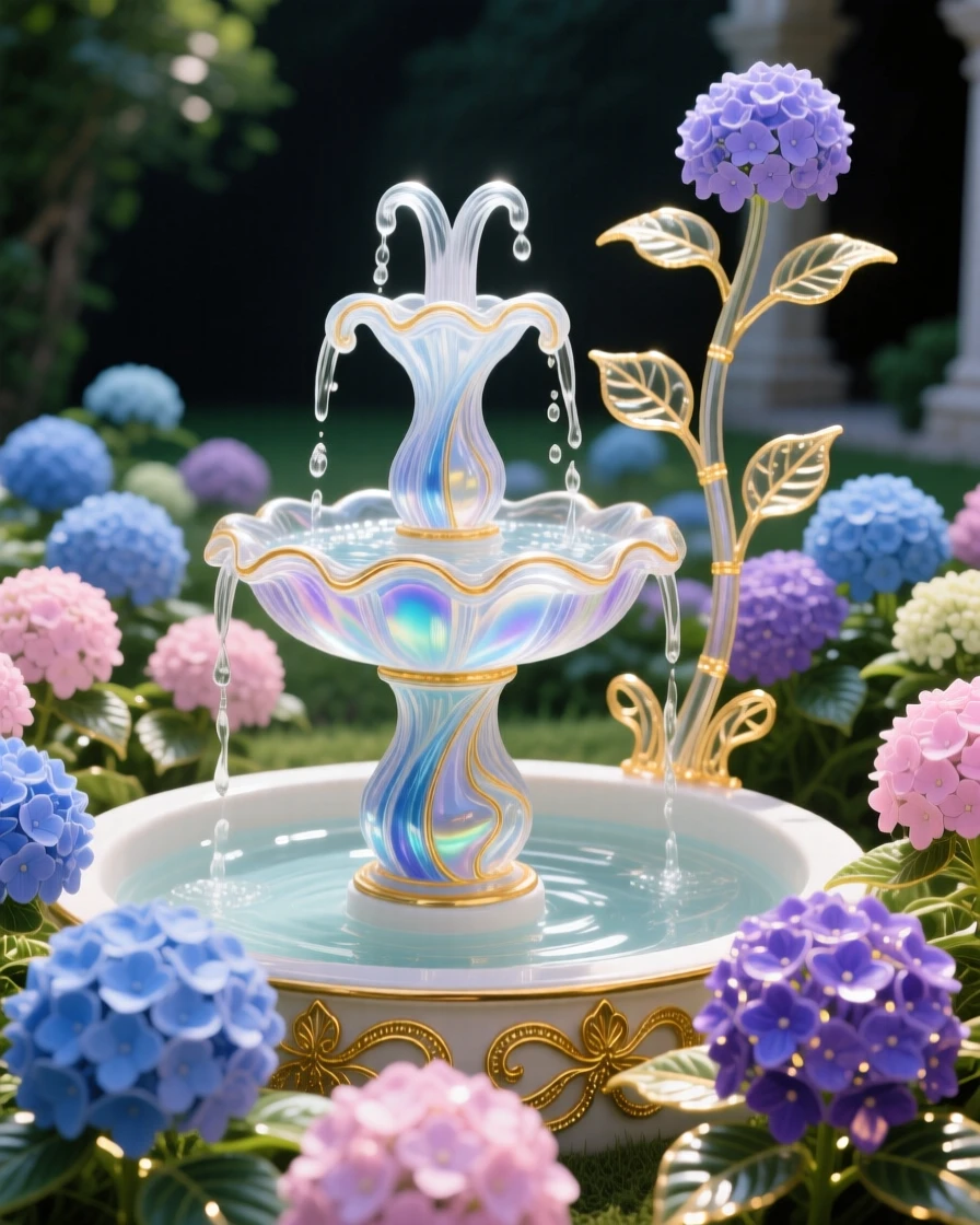 A field of blooming hydrangeas surrounding a quiet garden fountain, lush and tranquil.