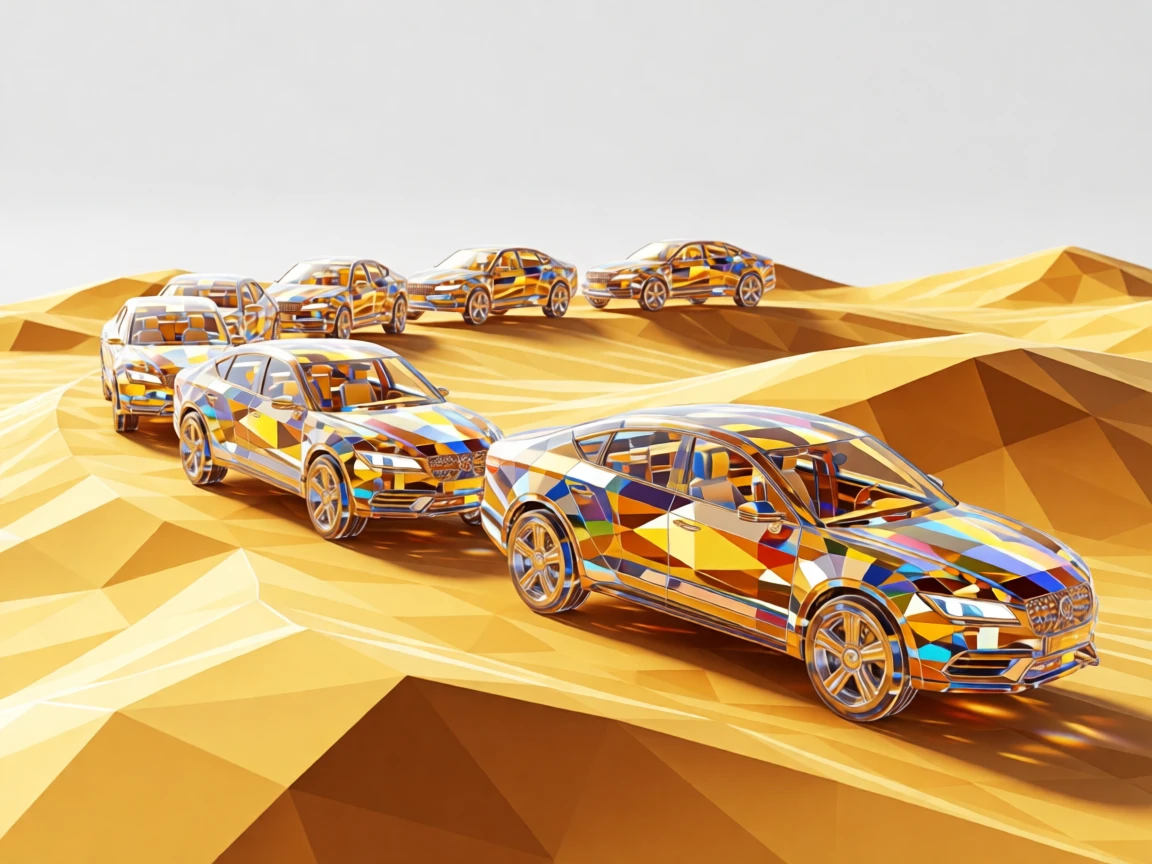 A futuristic desert convoy of solar-powered vehicles crossing golden dunes.