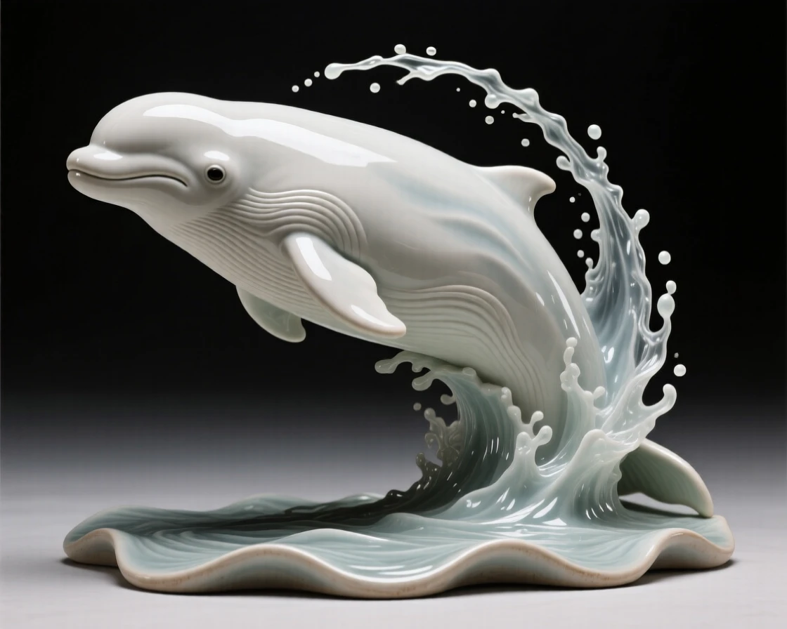 A beluga whale surfacing for air breaching in a dramatic arc of spray, its surface dappled with shifting light patterns, conveying calm, fluid tranquility.