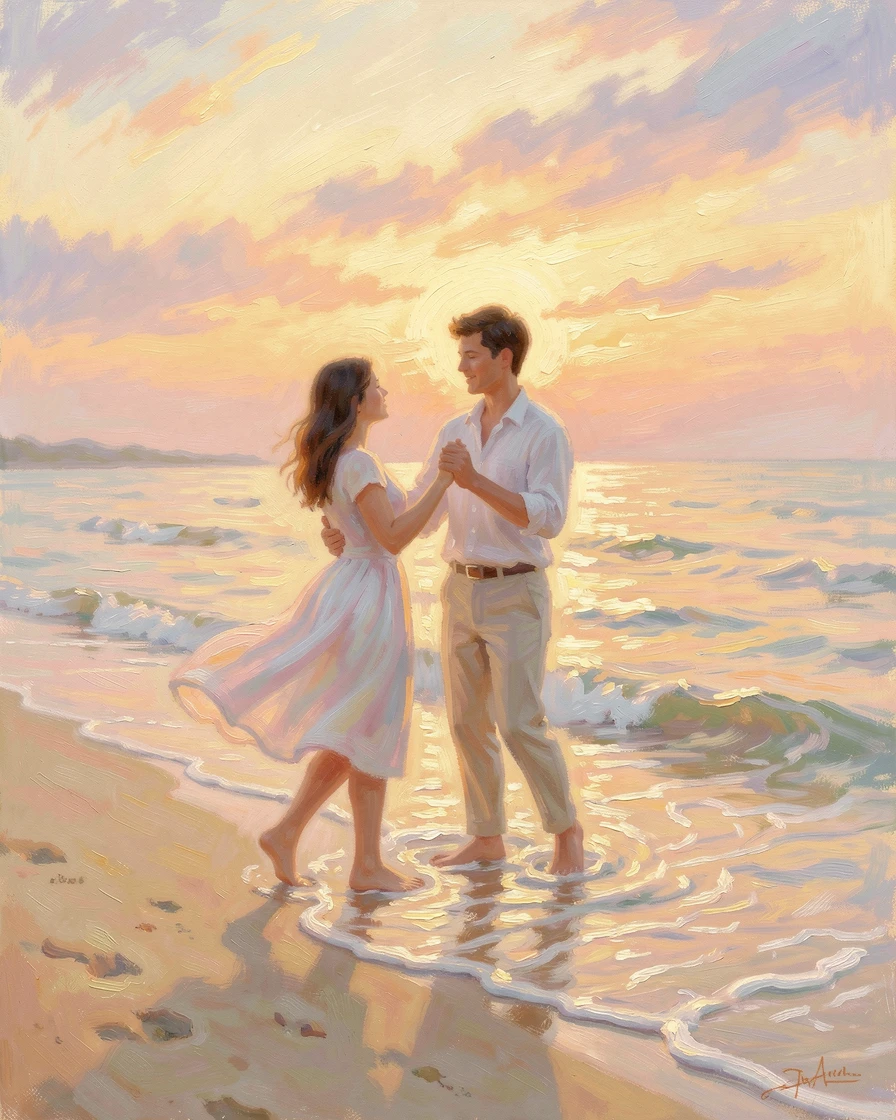 A young couple dancing barefoot on a beach at sunset, waves lapping gently at their feet, under a glowing sunset sky.