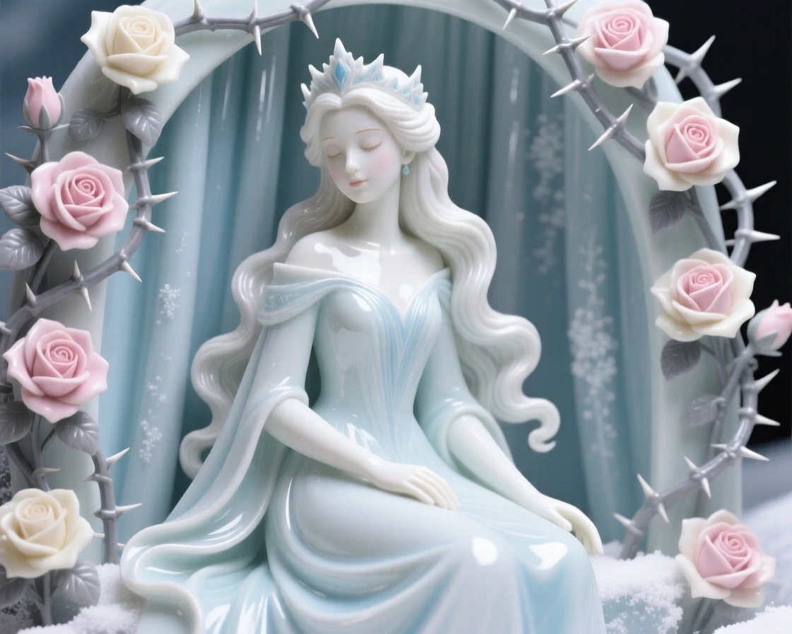A storybook depiction of the Snow Queen surrounded by a curtain of roses and thorns, evoking the magic of a bedtime tale.