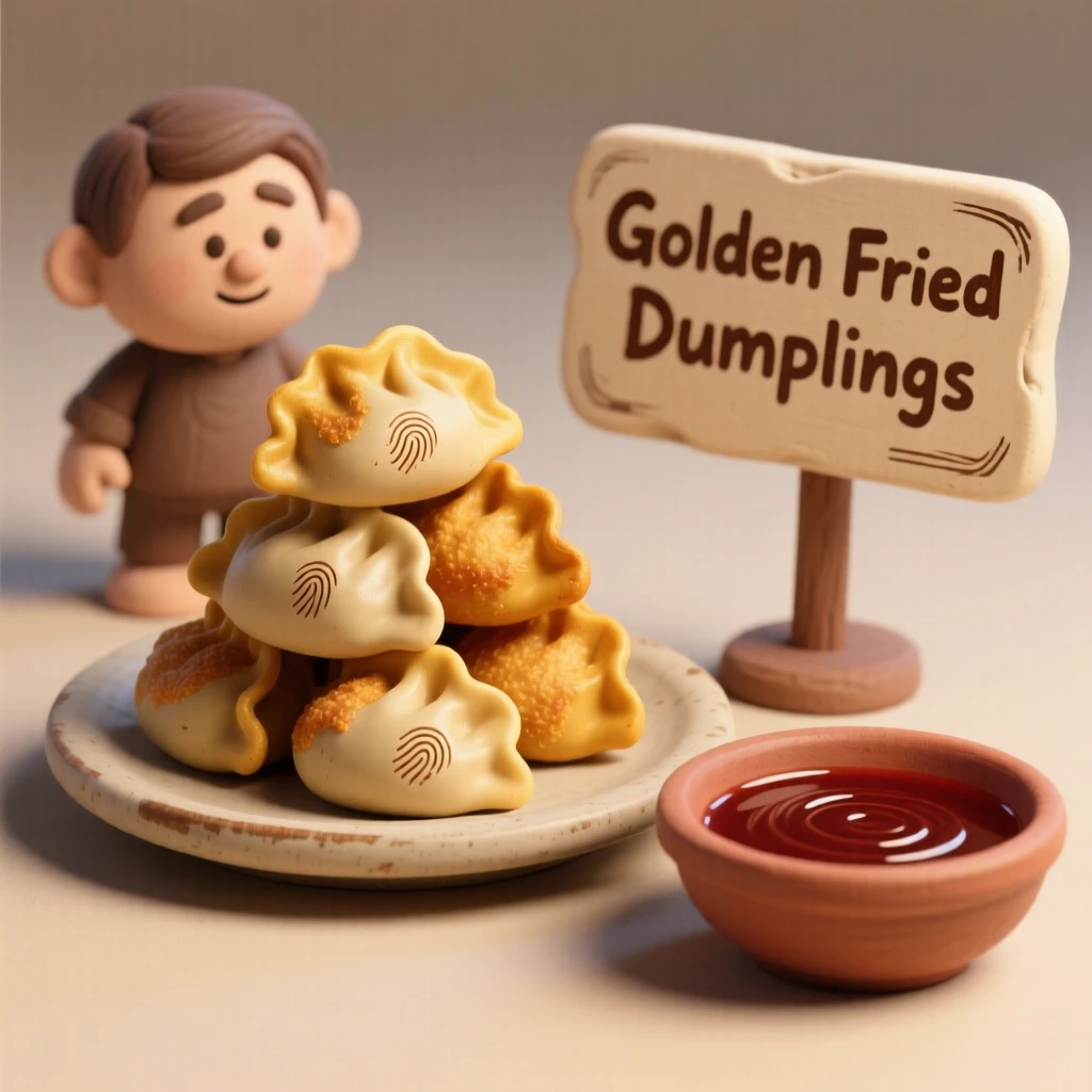 A stack of golden fried dumplings with a dipping sauce