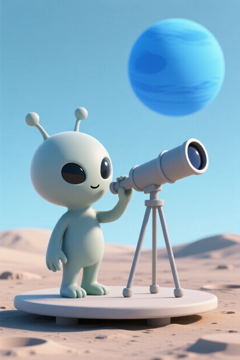 A curious young alien peers through a telescope at a distant blue planet, dreaming of visiting Earth someday.