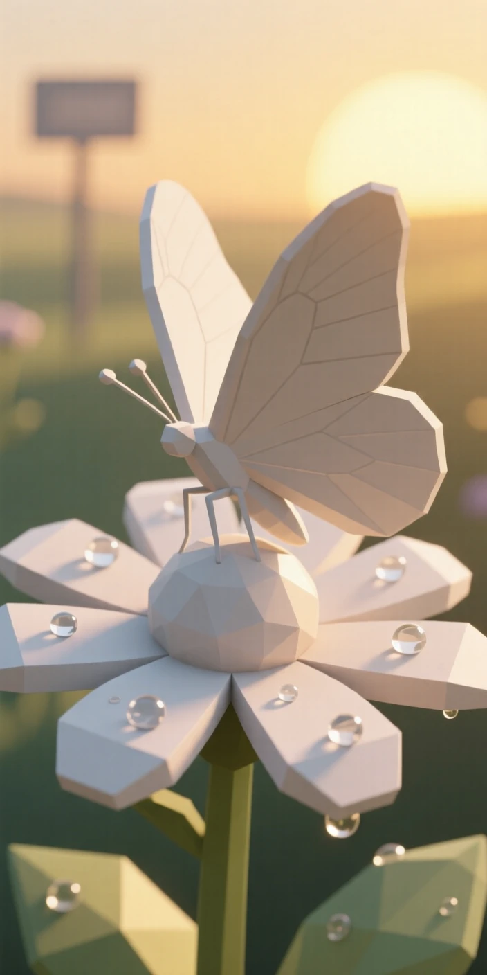 A butterfly resting on a blooming flower, beneath a soft golden sunrise. water droplets and fine textures catch the light. A gentle, peaceful stillness fills the air.