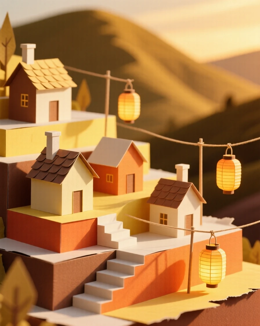 A terraced hillside village bathed in the golden light of late afternoon, with lanterns swaying gently in the breeze, evoking quiet, timeless beauty.