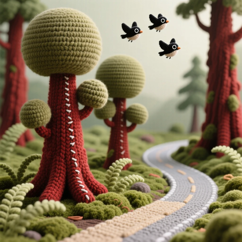 A tranquil view of a quiet redwood forest, with towering ancient trees, carpeted in soft ferns and moss, beside a gently winding countryside road, with a small flock of birds passing overhead, evoking gentle awe at nature's quiet grandeur.