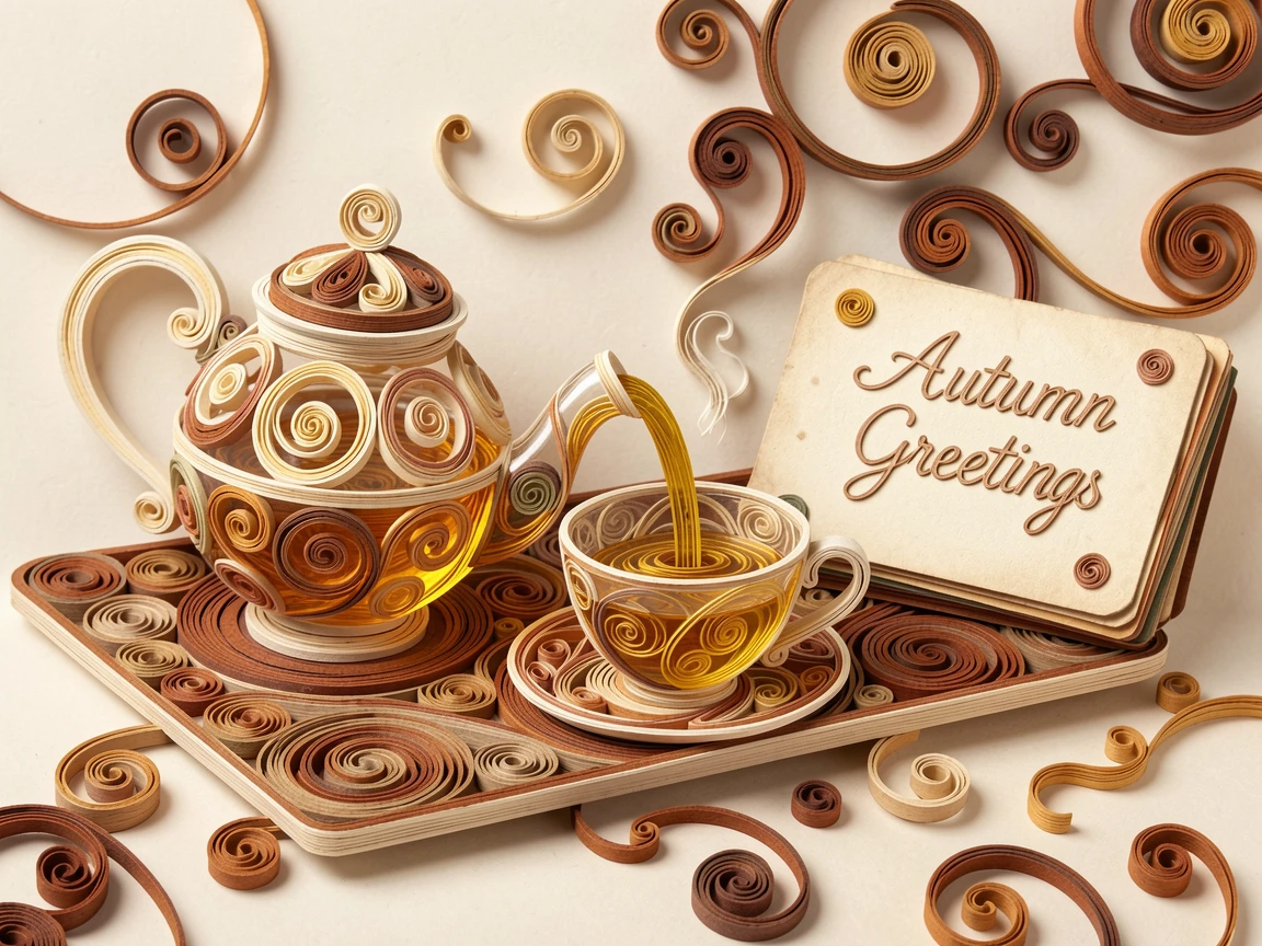 A cozy still life of a glass teapot pouring golden tea into a cup on a tray beside a stack of vintage postcards, in cozy autumnal tones of rust and brown, shown from a cozy eye-level perspective.