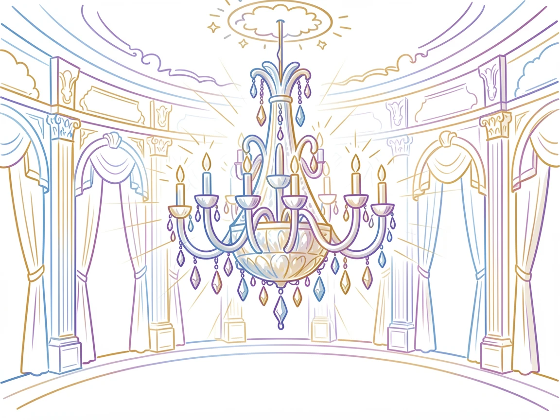A grand chandelier hanging in an opulent ballroom, crystals catching the light.