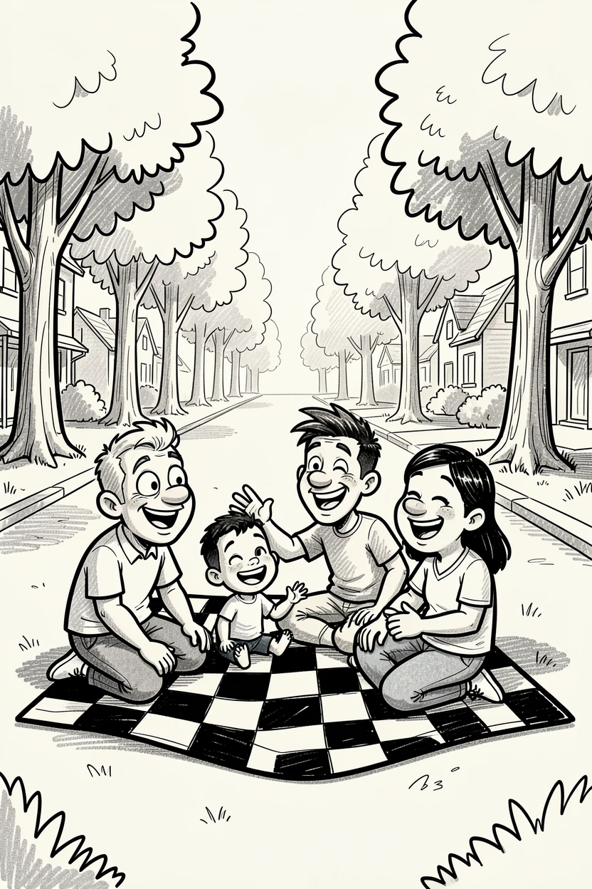 A family having a picnic on a checkered blanket on a tree-lined neighborhood street.