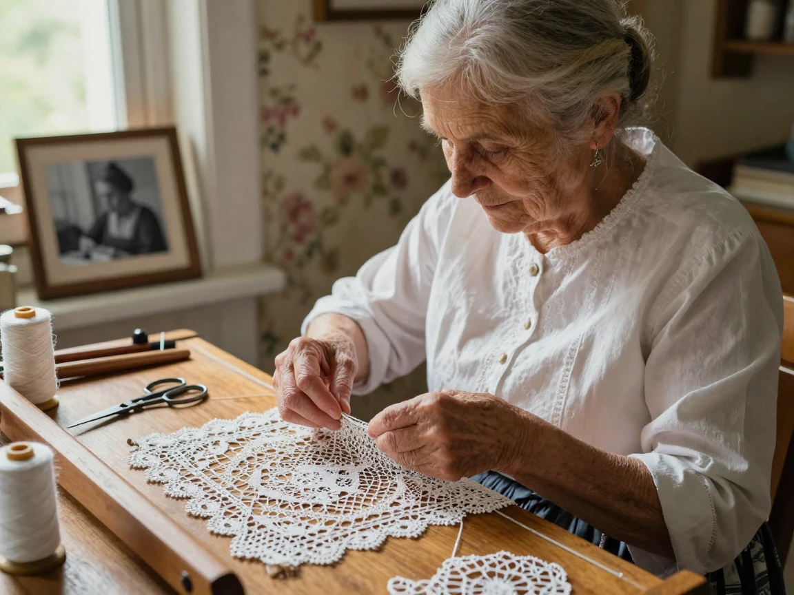A traditional lace maker working delicate thread patterns