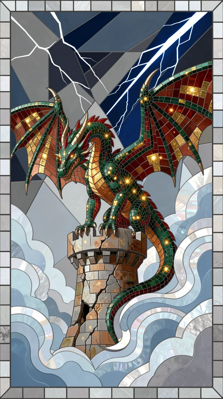 An epic fantasy scene of a majestic dragon perched atop a crumbling castle tower under a stormy sky, with swirling mist and glowing highlights.