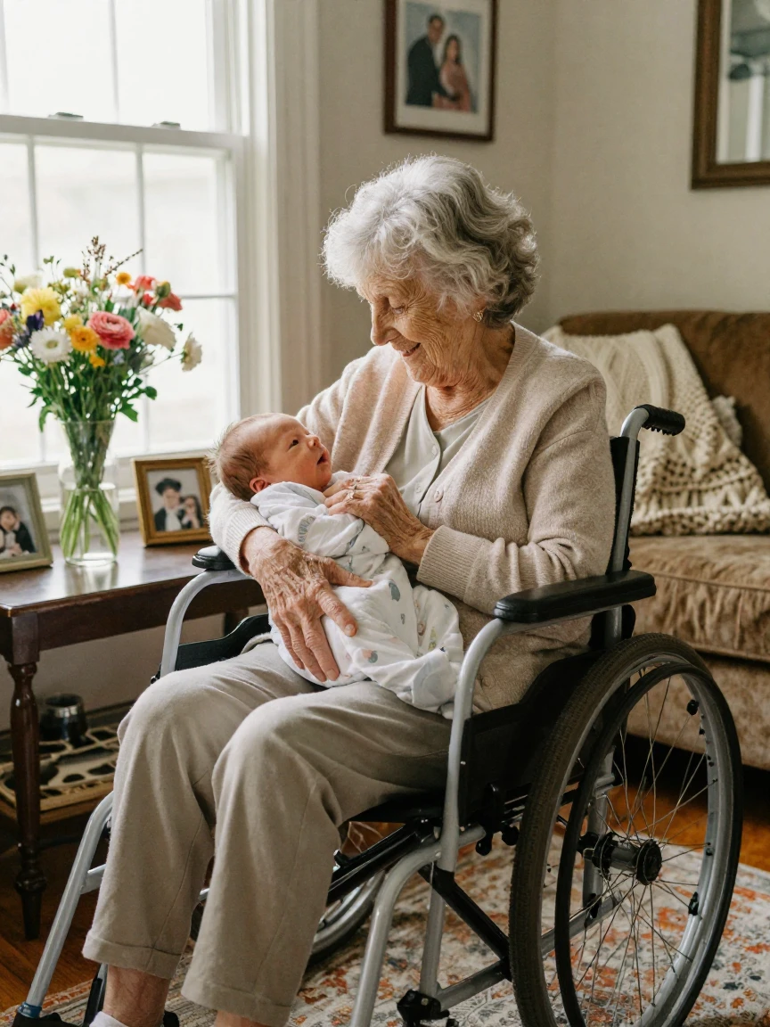 A great-grandmother in a wheelchair holds a newborn great-grandchild for the first time.