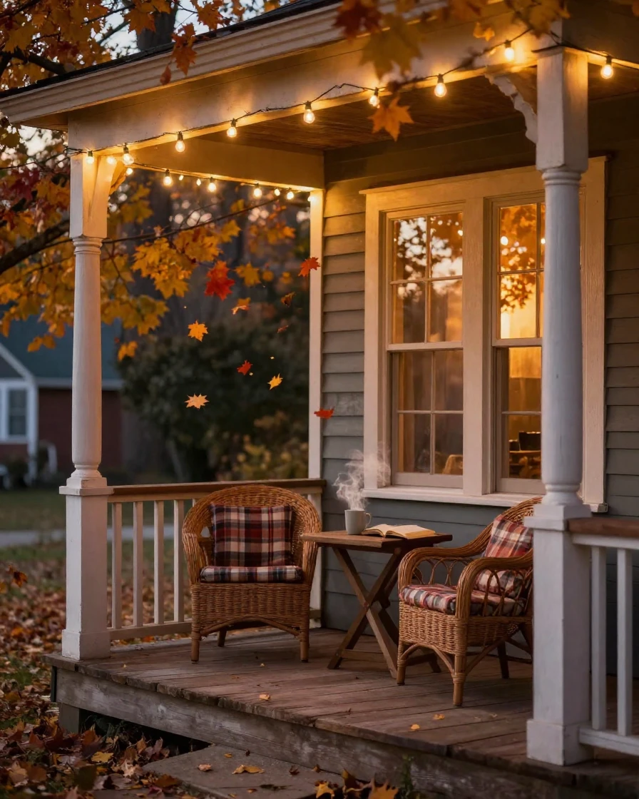 A wraparound porch strung with soft glowing lights while autumn leaves drift past the windows