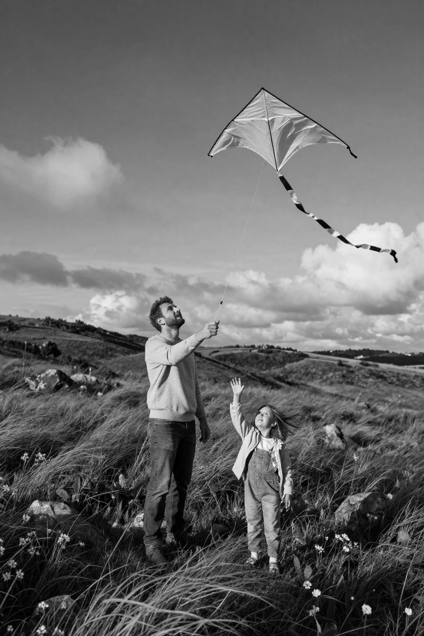 A father and his daughter fly a kite together on a windy open hillside.