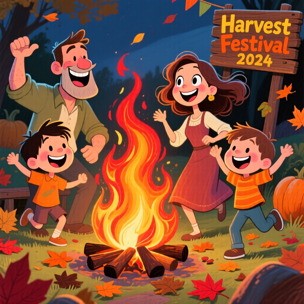 A family lighting a bonfire and dancing around it during a harvest festival.