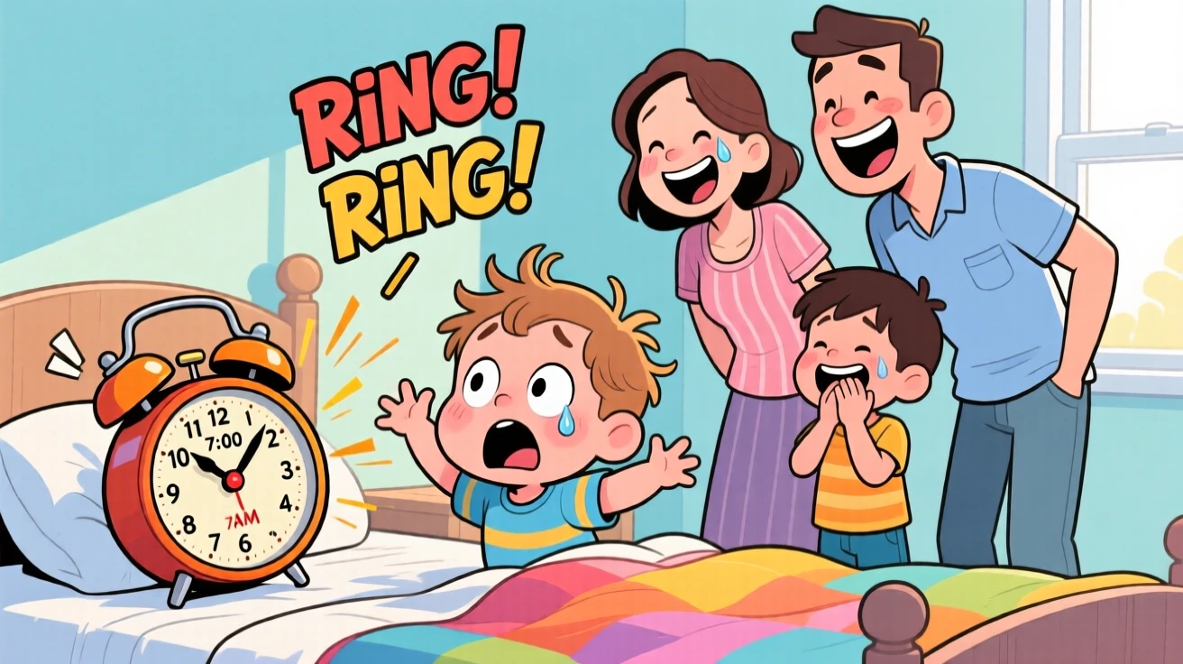 A funny expressive moment showing a toddler getting startled awake by an alarm clock, as everyone around them bursts into laughter.