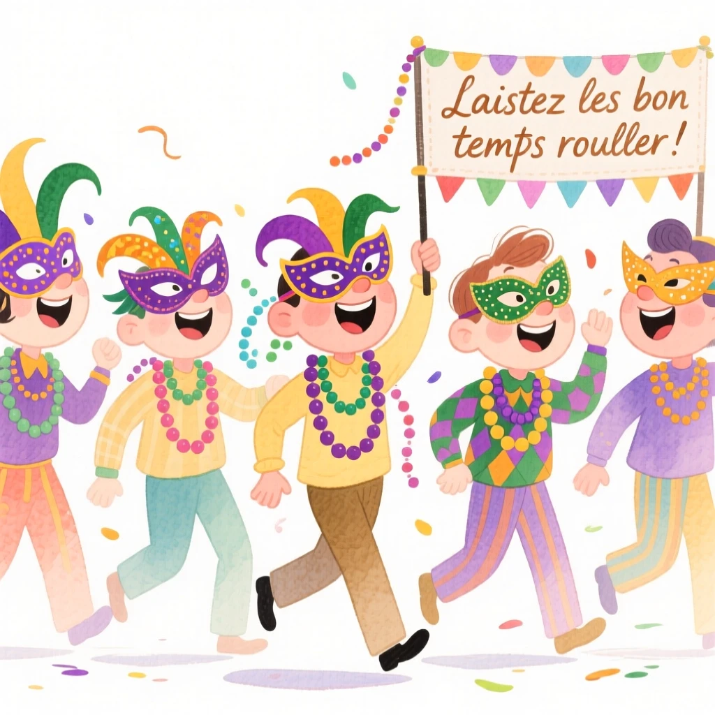 A joyful celebration scene of a Mardi Gras parade with colorful beads and masks, sparkling with celebratory energy