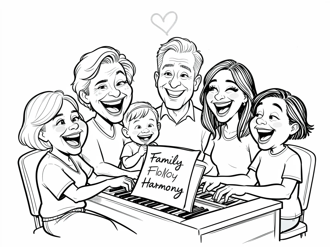 [Family & Relationship Moments] Heartwarming scene of a devoted blended family singing together around a piano, radiating love and warmth