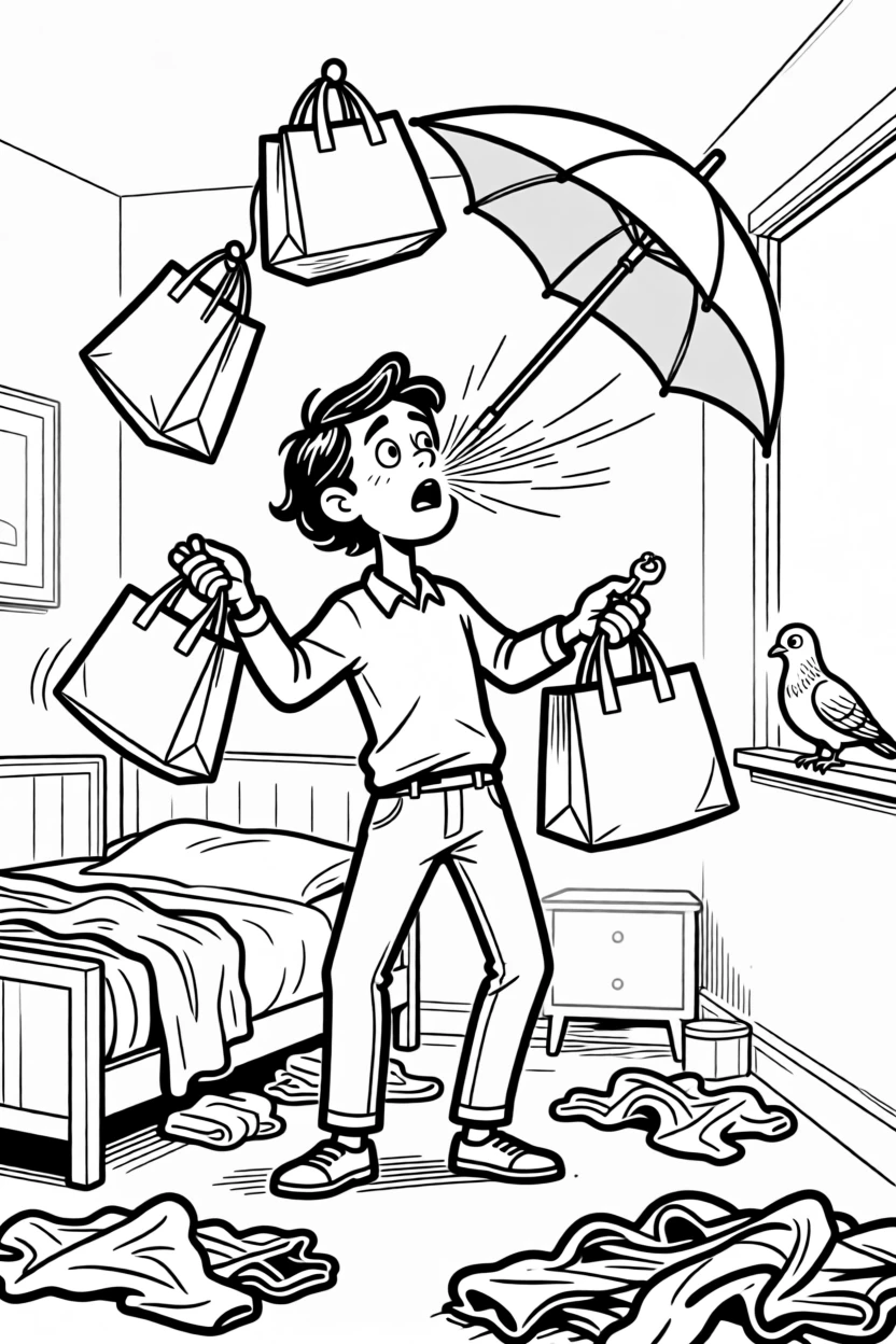 A person juggling grocery bags while fumbling for keys, getting smacked in the face by the flipped umbrella, set in a bedroom cluttered with clothes. A nearby pigeon watches with apparent judgment. The image turns a small mishap into pure comic gold.