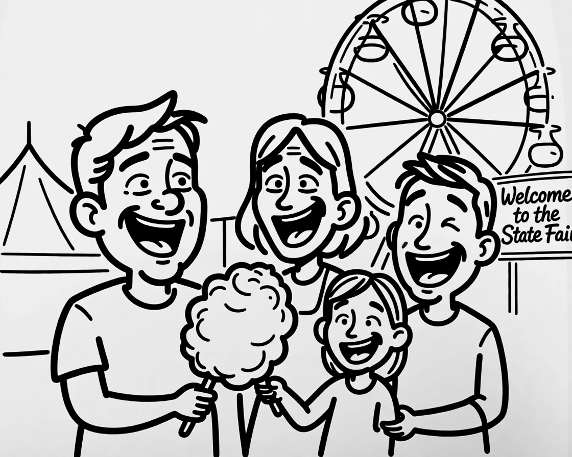 A family enjoying cotton candy together at a colorful state fair.