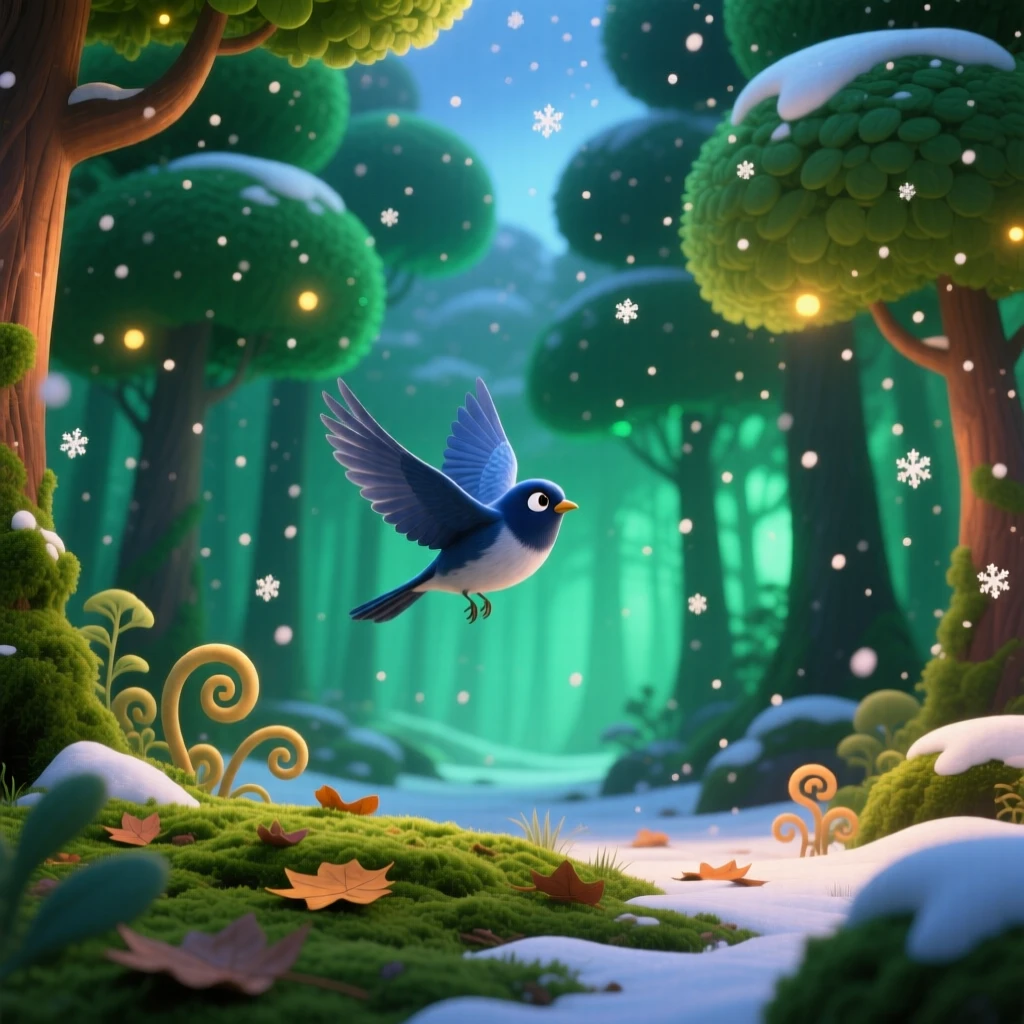 A dense emerald forest glows while a light snow begins to dust the landscape, with a lone bird gliding silently overhead. The mood is serene, vast, and quietly majestic.
