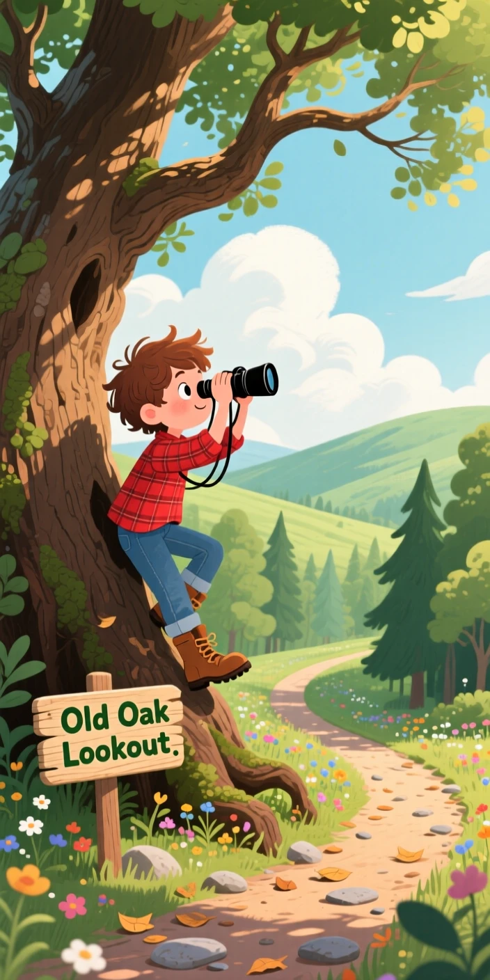 In a winding forest path, a boy with binoculars is climbing an old oak tree to look at the view, as clouds cast slow shadows across the hills.