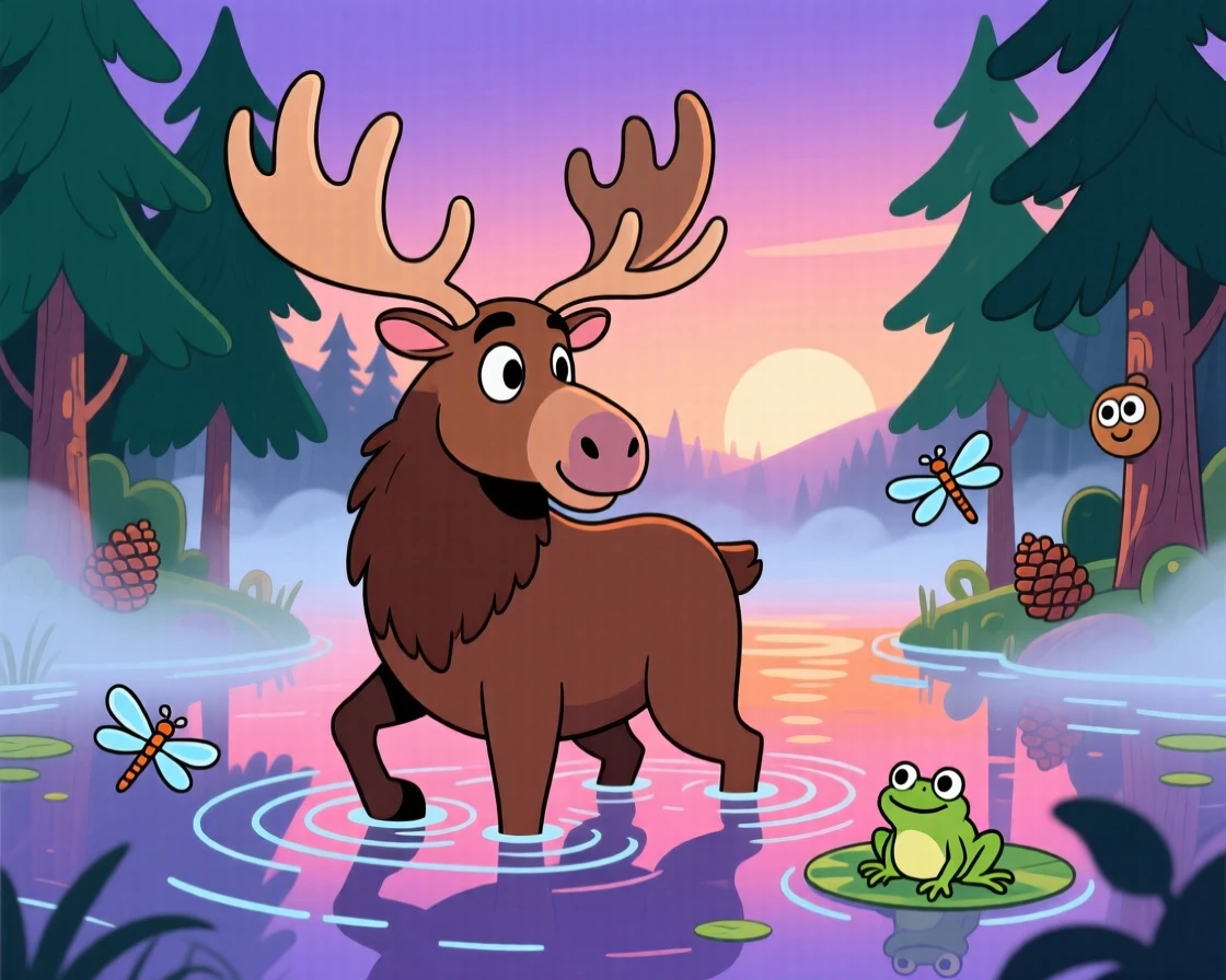 A moose wading through a misty pond at dawn in the north woods.