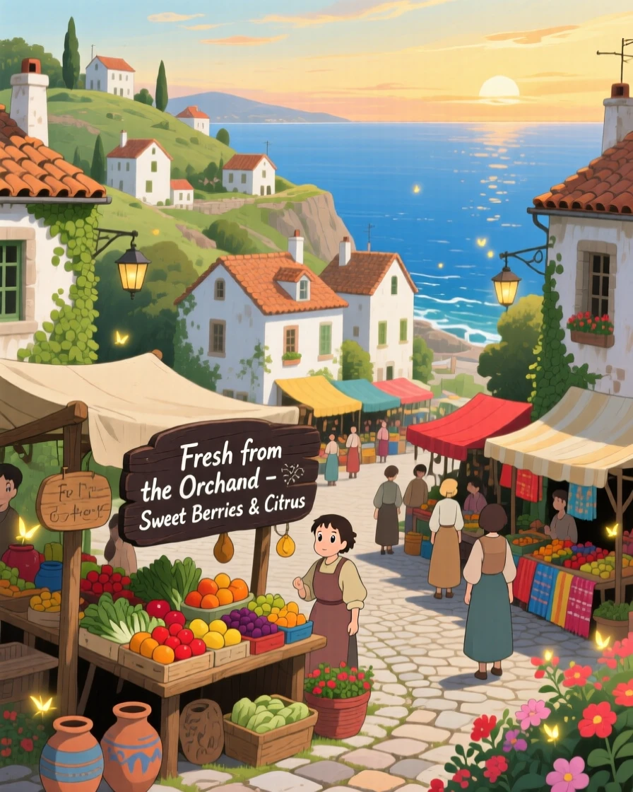 A scenic view of a hilltop town of whitewashed houses overlooking the sea, as market stalls line the main square.