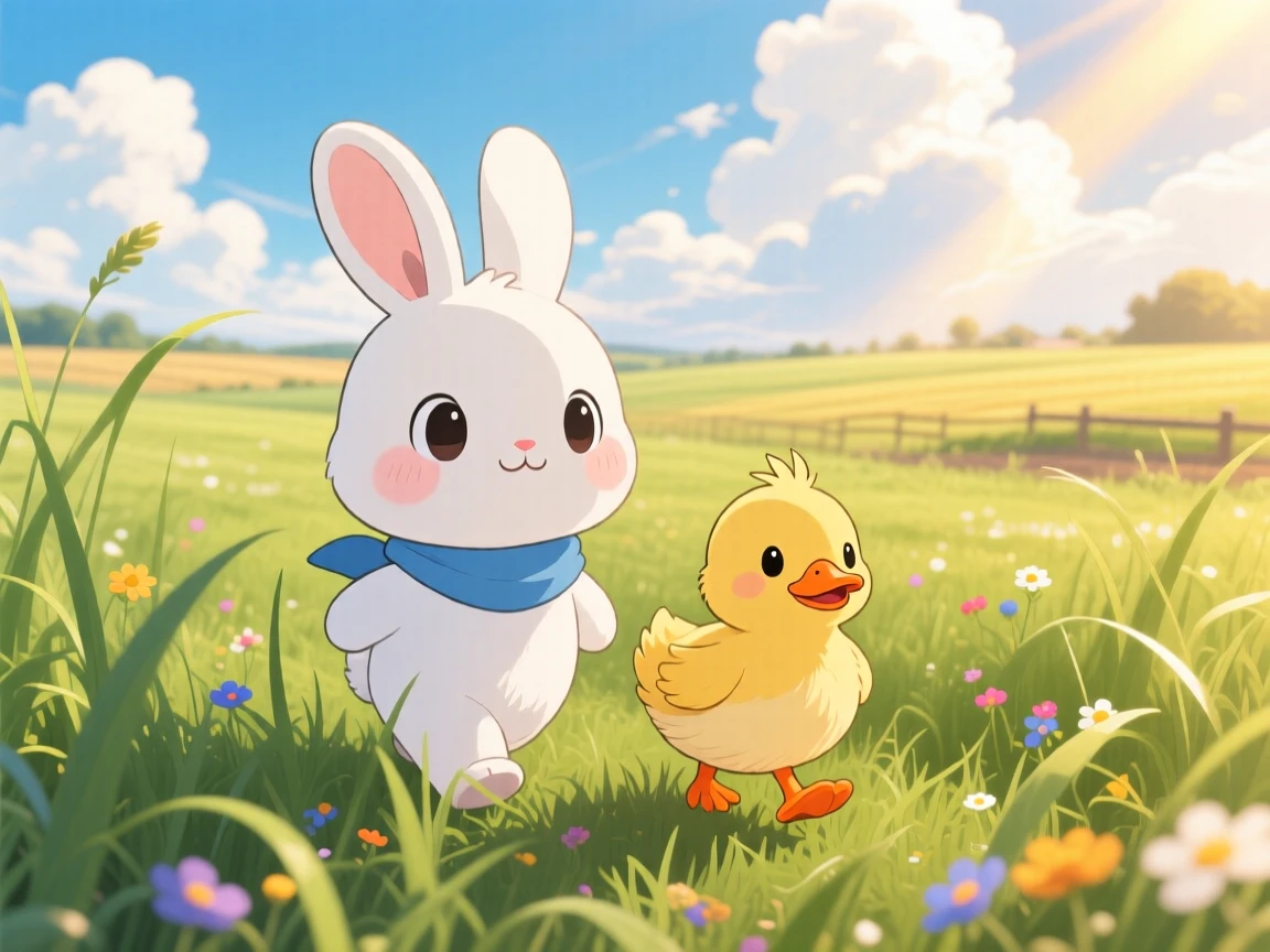Full-body shot of a rabbit and a duckling, waddling together through tall grass, in a sunny farm meadow, beneath fluffy drifting clouds, illuminated by rays of sunrise breaking through clouds, radiating proud determination.