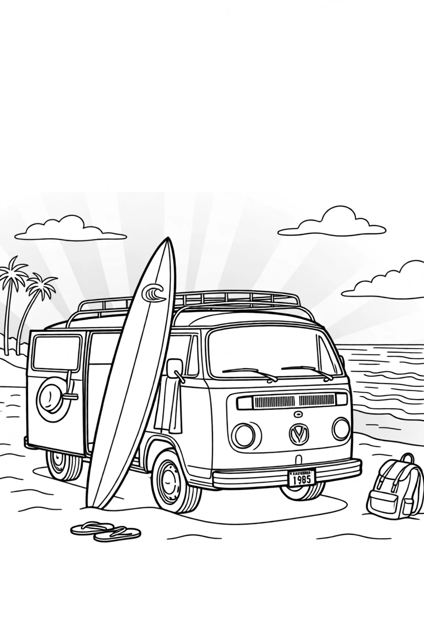 A surfboard leaning against a van parked on a California coastline, with a warm golden light bathing the scene.