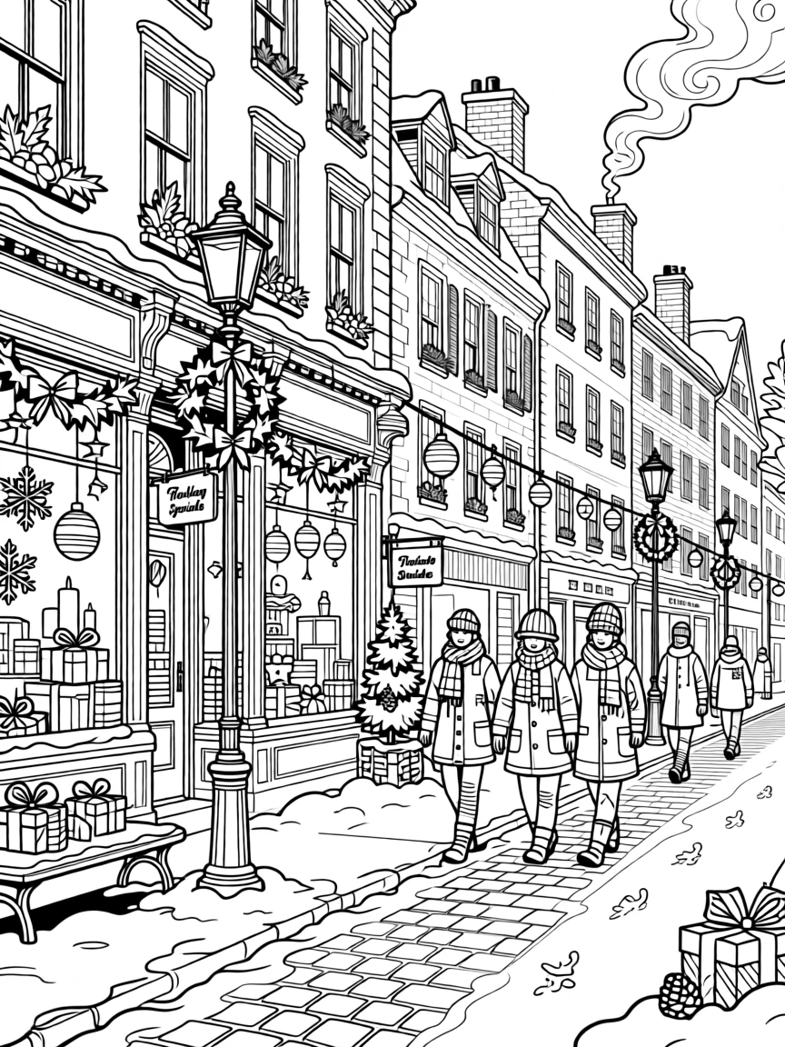 A winter holiday window shopping scene along a snow-dusted street.