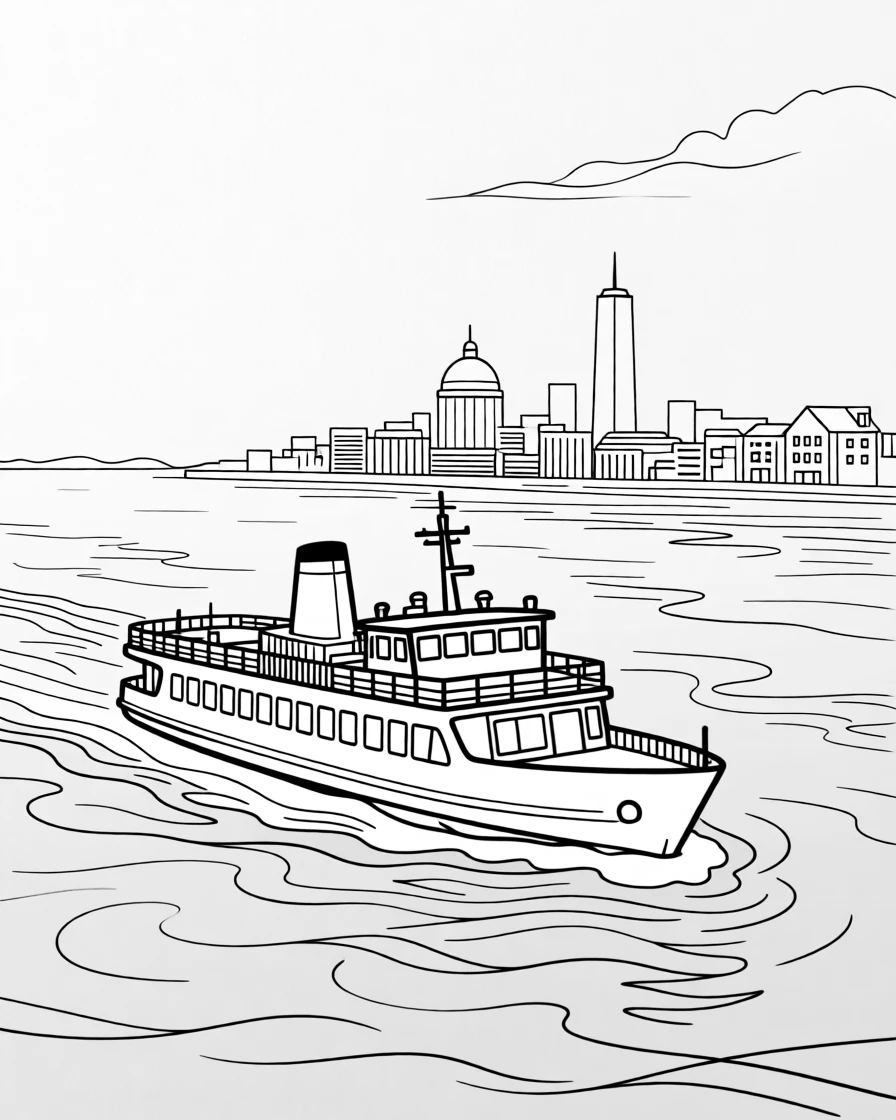 A ferry crossing a strait with a city skyline in the distance