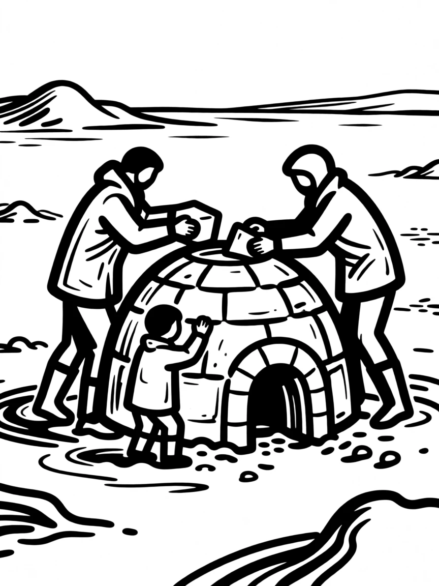 A Canadian Inuit family building an igloo on the frozen tundra.