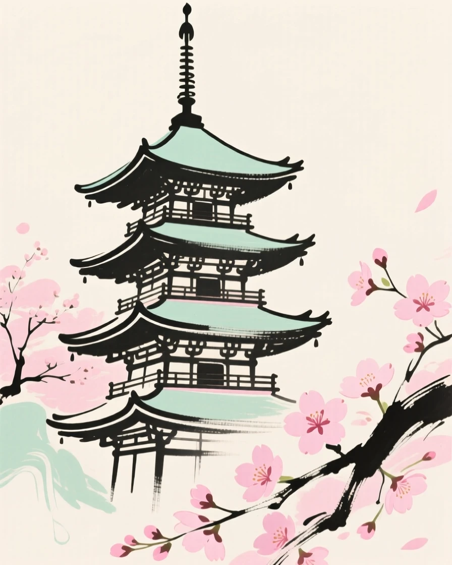 A traditional Japanese pagoda surrounded by blooming cherry blossoms.