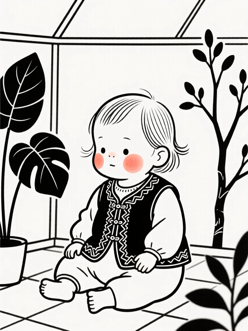 A baby girl of Japanese heritage wearing a Turkish embroidered vest, lost in quiet contemplation, in a botanical garden greenhouse.