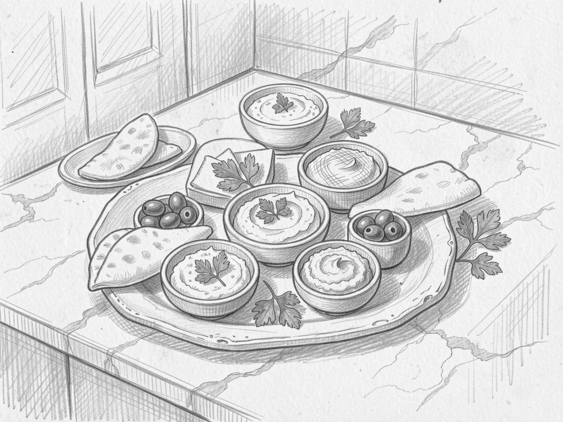 A cozy food scene featuring a spread of Mediterranean mezze on a marble countertop, with a rustic ceramic plate beneath it.