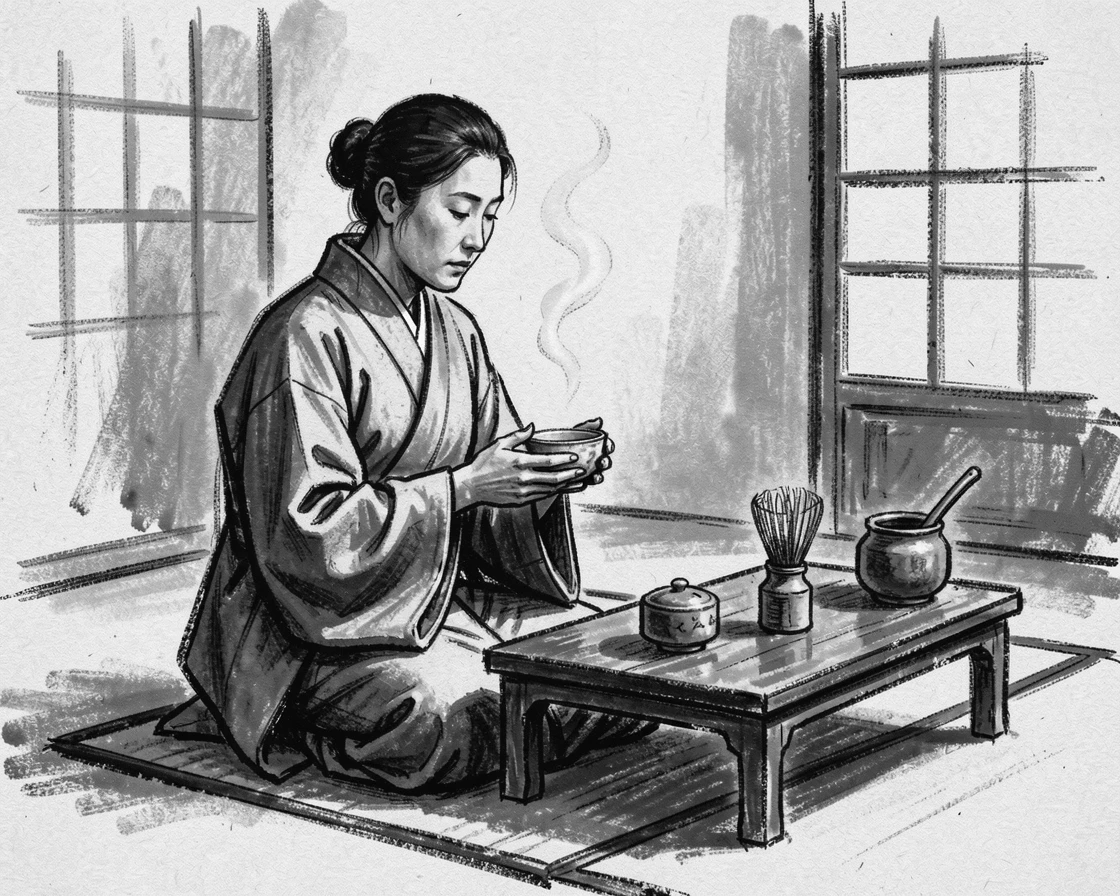 A traditional tea ceremony performed with quiet precision, on a quiet, peaceful afternoon.
