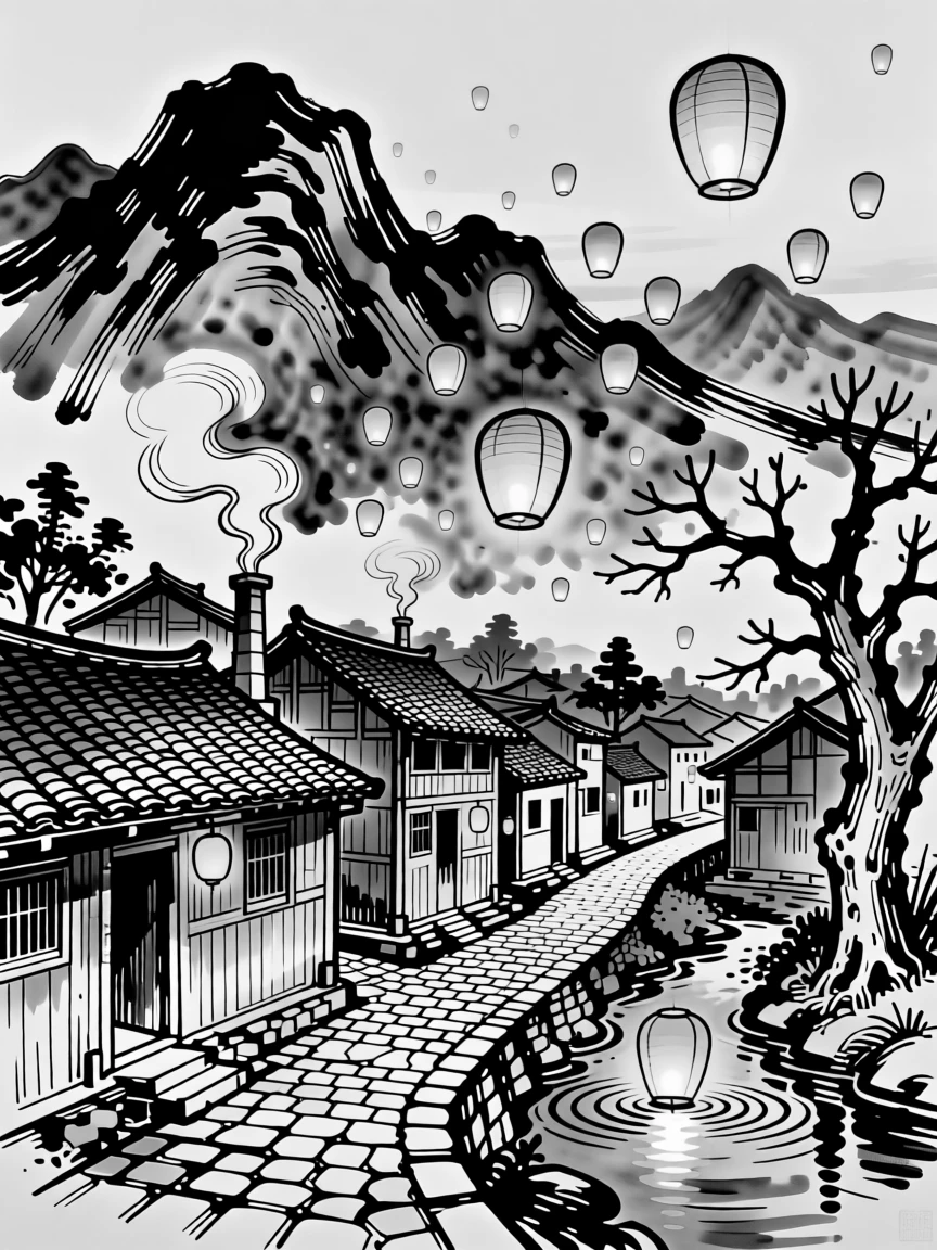 A floating lantern festival drifting gently above a quiet mountain village.