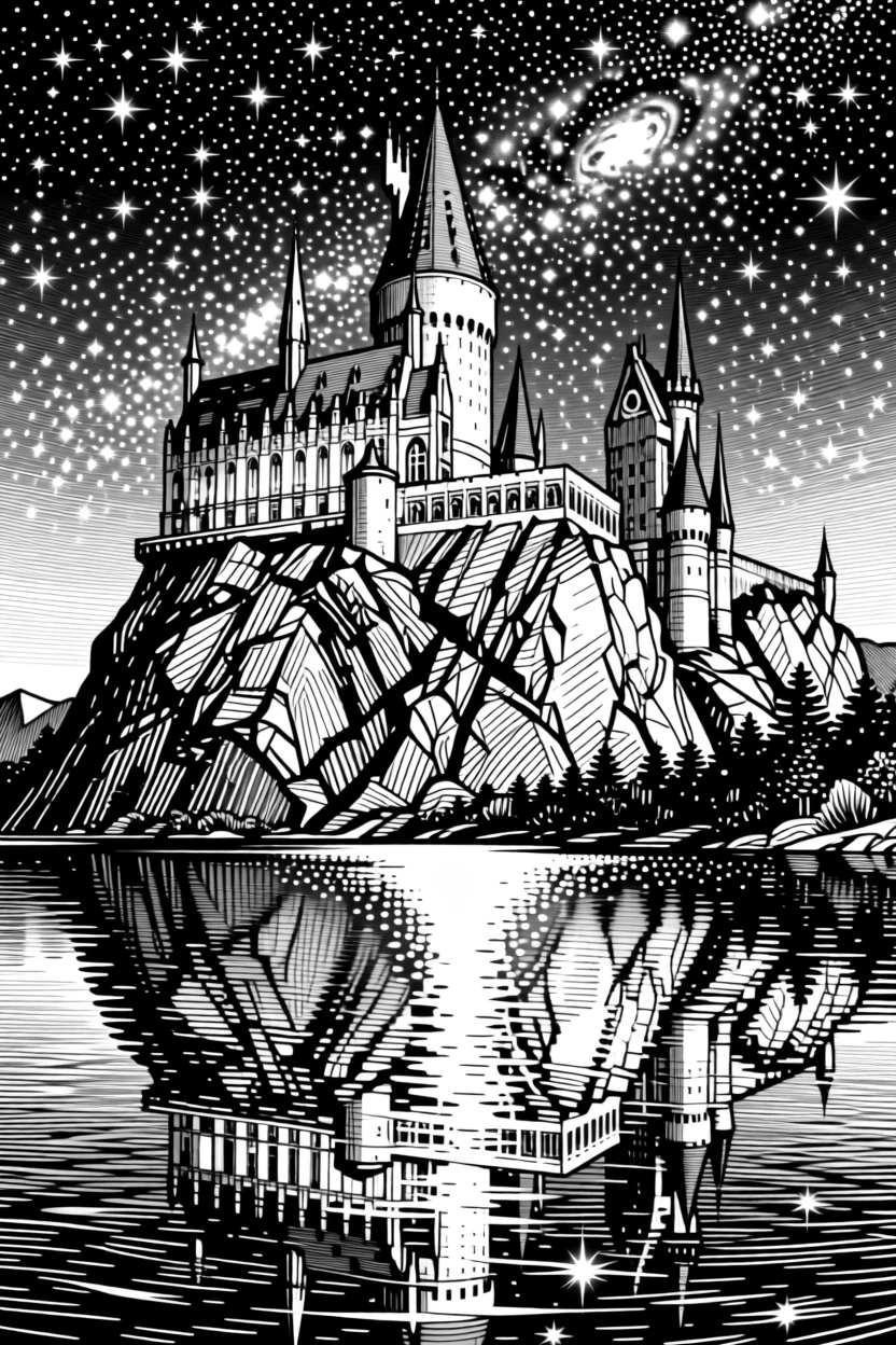 A castle built into the side of a mountain on the shore of a lake reflecting the stars, with reflections of starlight scattered across water, forming a mysterious and enchanting fantasy scene.