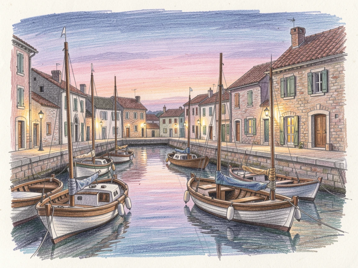 A harbor town at dusk with boats bobbing gently at anchor, with a gentle play of light and shadow across the composition, radiating comfort, joy, and quiet beauty.