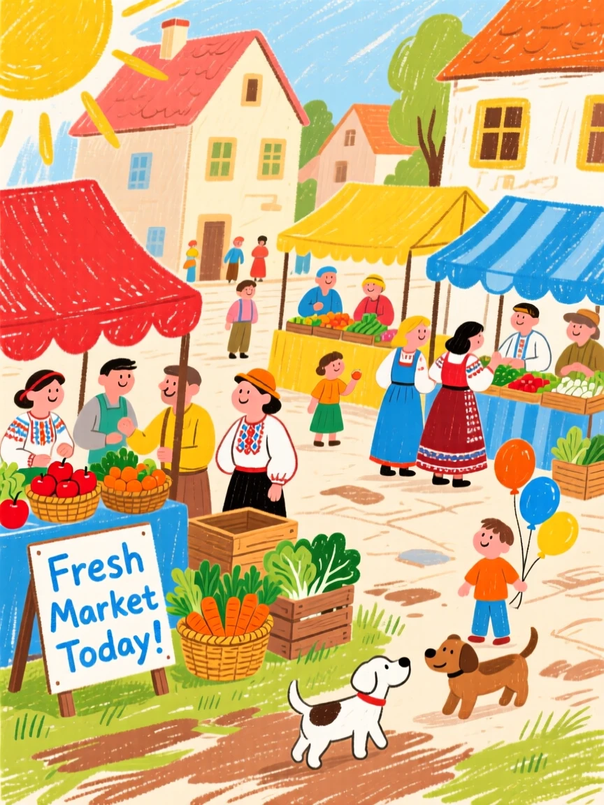 A village market gathered in a sunlit village square.