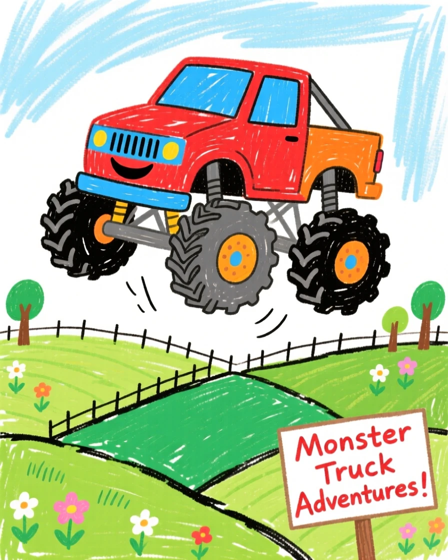 A rugged monster truck floating above a patchwork of green fields.